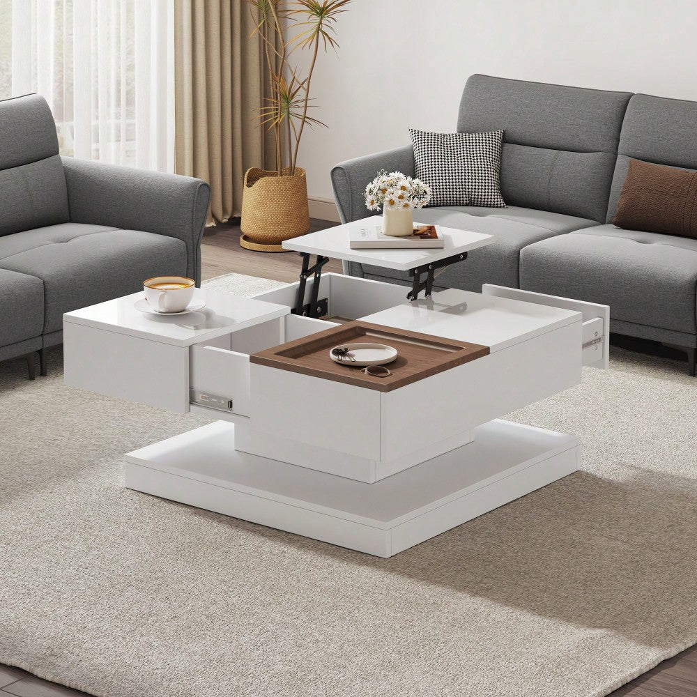 75.5*75.5*38cm Couchtisch Anhebbarer Multifunktionstisch, Sofatisch mit 4 Fächern, Wohnzimmertisch in Hochglanz, Beistelltisch, kaffeetisch mit Tablett, Geometrischer Tisch, weiß + Holzfarbe
