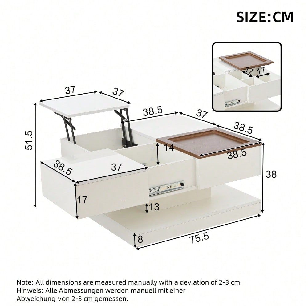 75.5*75.5*38cm Couchtisch Anhebbarer Multifunktionstisch, Sofatisch mit 4 Fächern, Wohnzimmertisch in Hochglanz, Beistelltisch, kaffeetisch mit Tablett, Geometrischer Tisch, weiß + Holzfarbe