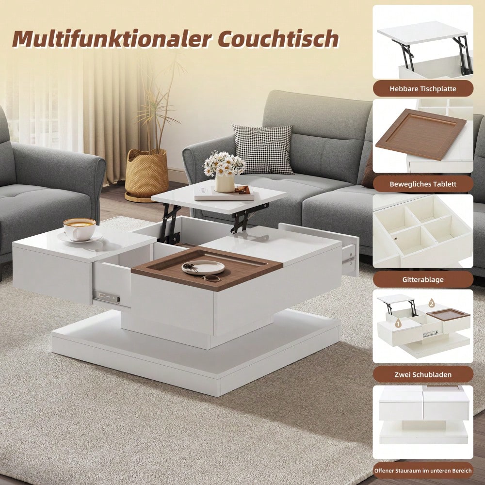 75.5*75.5*38cm Couchtisch Anhebbarer Multifunktionstisch, Sofatisch mit 4 Fächern, Wohnzimmertisch in Hochglanz, Beistelltisch, kaffeetisch mit Tablett, Geometrischer Tisch, weiß + Holzfarbe
