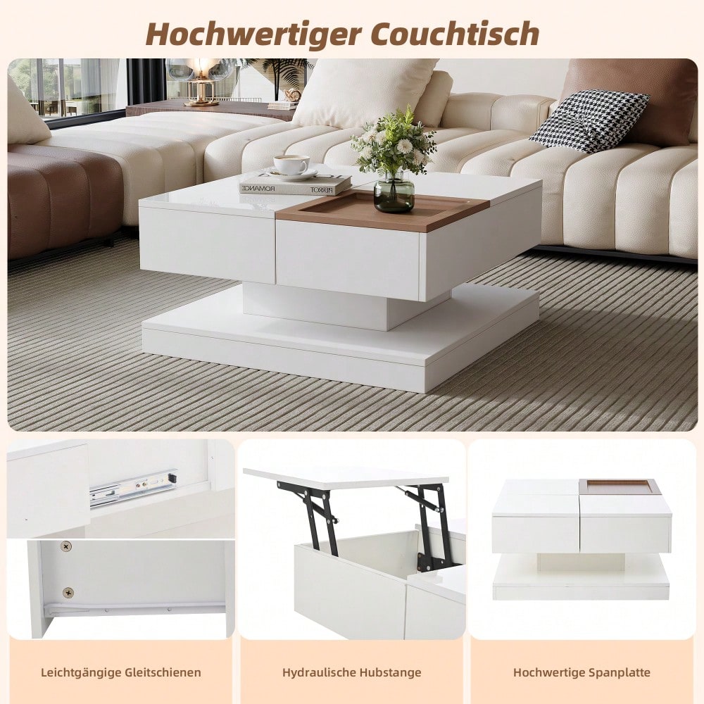 75.5*75.5*38cm Couchtisch Anhebbarer Multifunktionstisch, Sofatisch mit 4 Fächern, Wohnzimmertisch in Hochglanz, Beistelltisch, kaffeetisch mit Tablett, Geometrischer Tisch, weiß + Holzfarbe