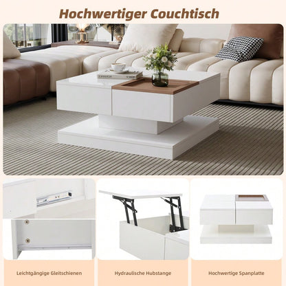 75.5*75.5*38cm Couchtisch Anhebbarer Multifunktionstisch, Sofatisch mit 4 Fächern, Wohnzimmertisch in Hochglanz, Beistelltisch, kaffeetisch mit Tablett, Geometrischer Tisch, weiß + Holzfarbe
