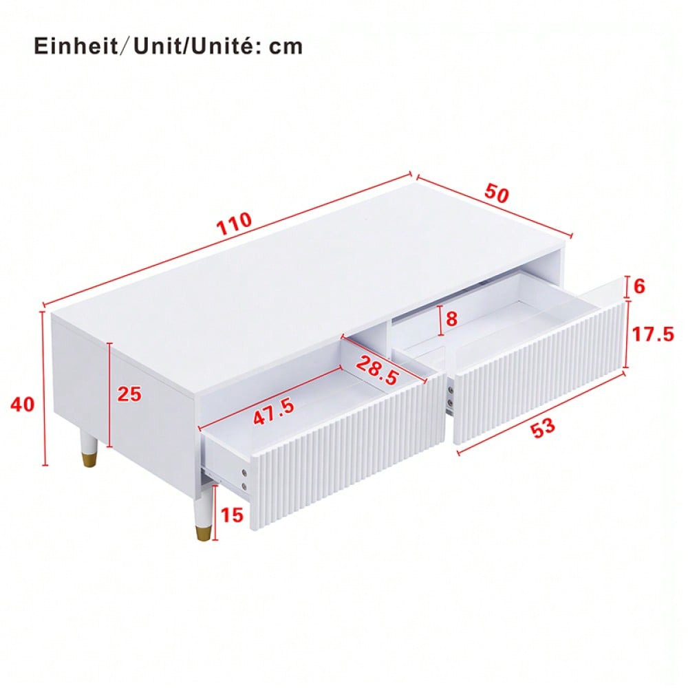 Dieser moderne LED-Couchtisch verfügt über eine gewellte Schubladenplatte, gold-weiße Beine, zwei Schubladen und einen farbwechselnden LED-Lichtstreifen. Ein passender TV-Schrank ist ebenfalls erhältl