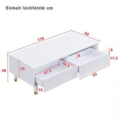 Dieser moderne LED-Couchtisch verfügt über eine gewellte Schubladenplatte, gold-weiße Beine, zwei Schubladen und einen farbwechselnden LED-Lichtstreifen. Ein passender TV-Schrank ist ebenfalls erhältl