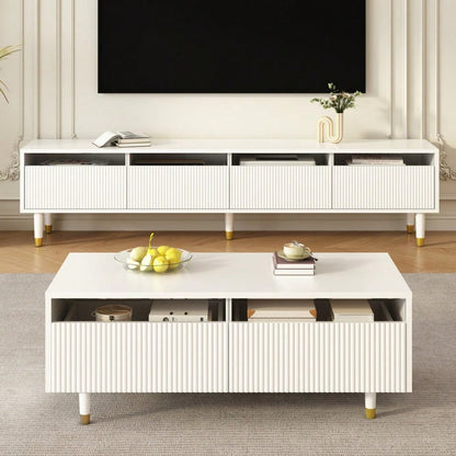 Dieser moderne LED-Couchtisch verfügt über eine gewellte Schubladenplatte, gold-weiße Beine, zwei Schubladen und einen farbwechselnden LED-Lichtstreifen. Ein passender TV-Schrank ist ebenfalls erhältl