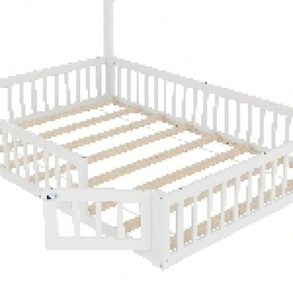 Polsterbett, 140 x 190 cm, Kinderbett mit Schornsteinform, Bett mit Lattenrost (ohne Matratze), Kiefernholz, Minimalistischer Stil, Weiß