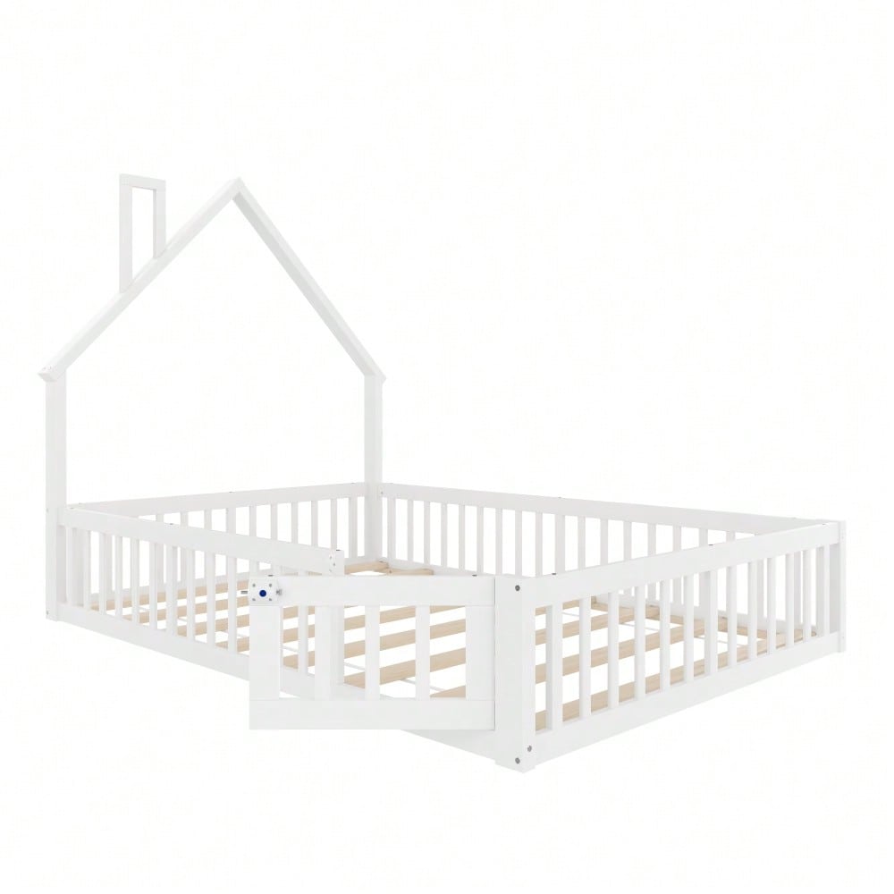 Polsterbett, 140 x 190 cm, Kinderbett mit Schornsteinform, Bett mit Lattenrost (ohne Matratze), Kiefernholz, Minimalistischer Stil, Weiß