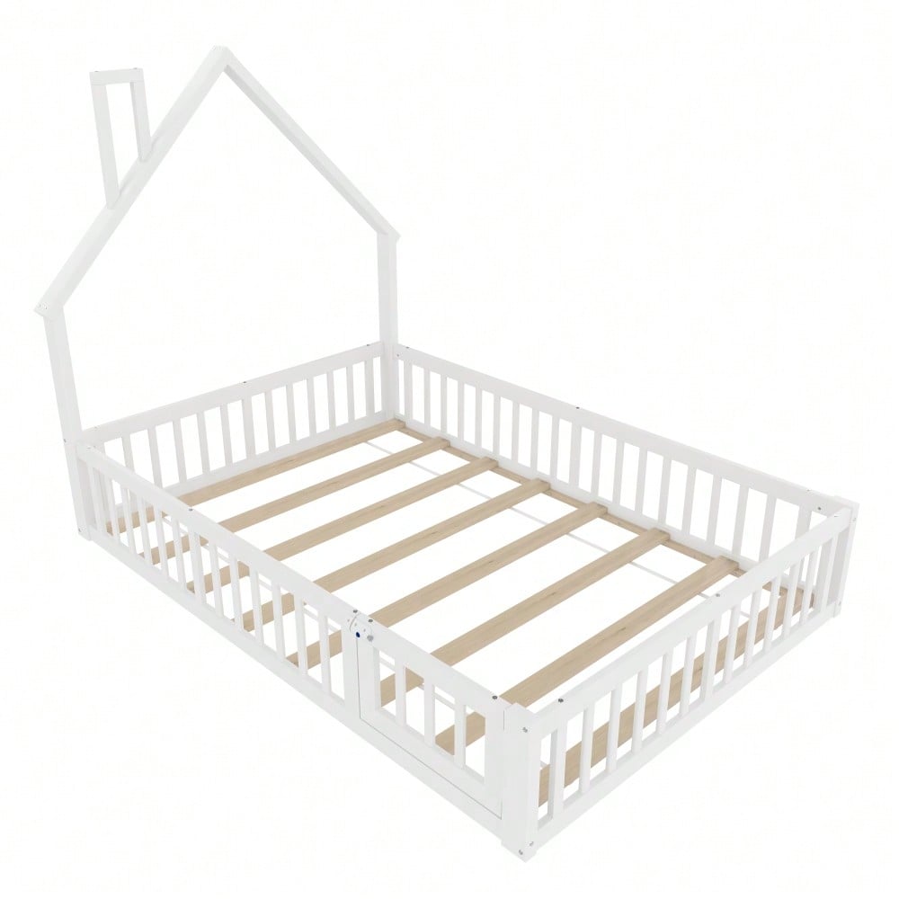 Polsterbett, 140 x 190 cm, Kinderbett mit Schornsteinform, Bett mit Lattenrost (ohne Matratze), Kiefernholz, Minimalistischer Stil, Weiß