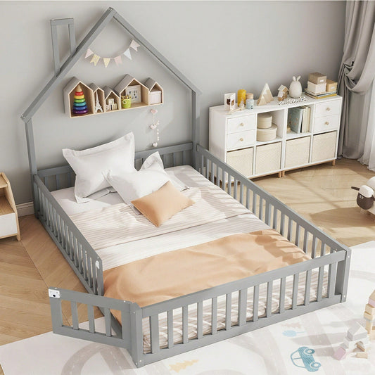 Polsterbett, 140 x 190 cm, Kinderbett mit Schornsteinform, Bett mit Lattenrost (ohne Matratze), Kiefernholz, Minimalistischer Stil, Grau