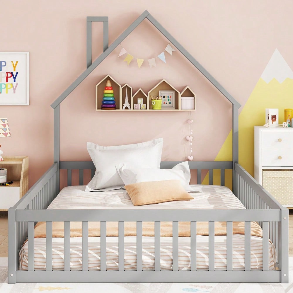 Polsterbett, 140 x 190 cm, Kinderbett mit Schornsteinform, Bett mit Lattenrost (ohne Matratze), Kiefernholz, Minimalistischer Stil, Grau