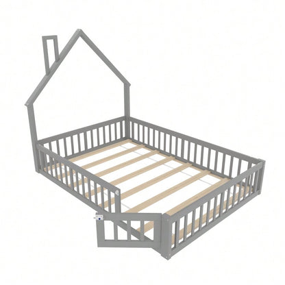Polsterbett, 140 x 190 cm, Kinderbett mit Schornsteinform, Bett mit Lattenrost (ohne Matratze), Kiefernholz, Minimalistischer Stil, Grau