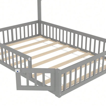 Polsterbett, 140 x 190 cm, Kinderbett mit Schornsteinform, Bett mit Lattenrost (ohne Matratze), Kiefernholz, Minimalistischer Stil, Grau