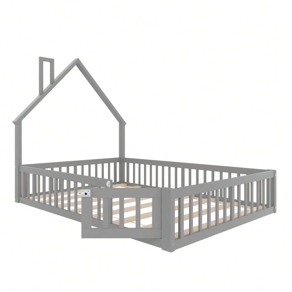 Polsterbett, 140 x 190 cm, Kinderbett mit Schornsteinform, Bett mit Lattenrost (ohne Matratze), Kiefernholz, Minimalistischer Stil, Grau