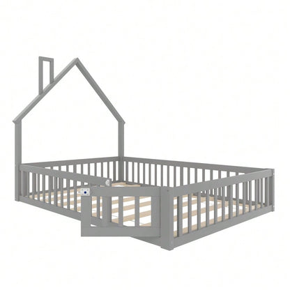 Polsterbett, 140 x 190 cm, Kinderbett mit Schornsteinform, Bett mit Lattenrost (ohne Matratze), Kiefernholz, Minimalistischer Stil, Grau