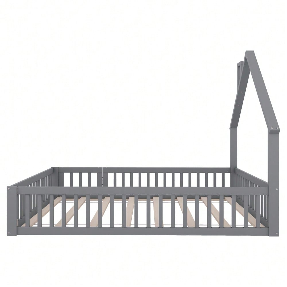 Polsterbett, 140 x 190 cm, Kinderbett mit Schornsteinform, Bett mit Lattenrost (ohne Matratze), Kiefernholz, Minimalistischer Stil, Grau