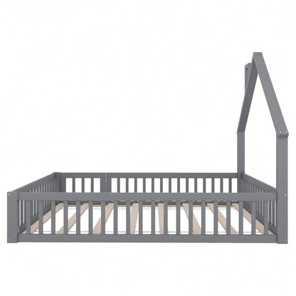 Polsterbett, 140 x 190 cm, Kinderbett mit Schornsteinform, Bett mit Lattenrost (ohne Matratze), Kiefernholz, Minimalistischer Stil, Grau