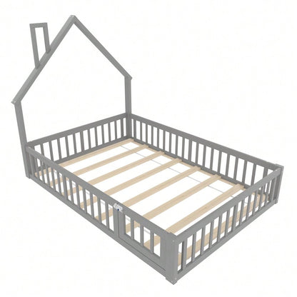 Polsterbett, 140 x 190 cm, Kinderbett mit Schornsteinform, Bett mit Lattenrost (ohne Matratze), Kiefernholz, Minimalistischer Stil, Grau