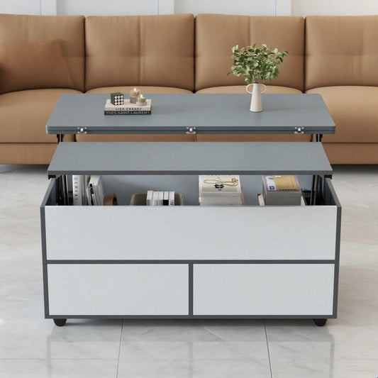 100*98*65cm Couchtisch Höhenverstellbarer Kaffeetisch mit Verstecktem Stauraum und Ablage, Wohnzimmertisch mit Rollen und Schubladen, multifunktionaler Esstisch mit großem Stauraum, grau-weiße Spleiße
