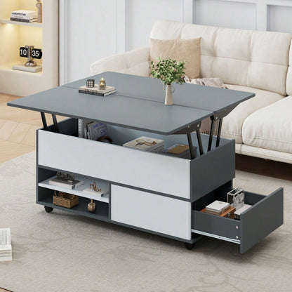100*98*65cm Couchtisch Höhenverstellbarer Kaffeetisch mit Verstecktem Stauraum und Ablage, Wohnzimmertisch mit Rollen und Schubladen, multifunktionaler Esstisch mit großem Stauraum, grau-weiße Spleiße