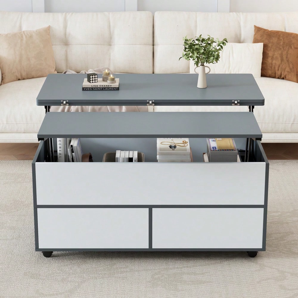 100*98*65cm Couchtisch Höhenverstellbarer Kaffeetisch mit Verstecktem Stauraum und Ablage, Wohnzimmertisch mit Rollen und Schubladen, multifunktionaler Esstisch mit großem Stauraum, grau-weiße Spleiße