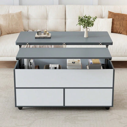 100*98*65cm Couchtisch Höhenverstellbarer Kaffeetisch mit Verstecktem Stauraum und Ablage, Wohnzimmertisch mit Rollen und Schubladen, multifunktionaler Esstisch mit großem Stauraum, grau-weiße Spleiße