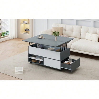 100*98*65cm Couchtisch Höhenverstellbarer Kaffeetisch mit Verstecktem Stauraum und Ablage, Wohnzimmertisch mit Rollen und Schubladen, multifunktionaler Esstisch mit großem Stauraum, grau-weiße Spleiße