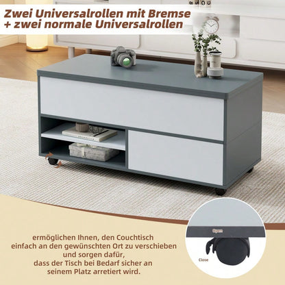 100*98*65cm Couchtisch Höhenverstellbarer Kaffeetisch mit Verstecktem Stauraum und Ablage, Wohnzimmertisch mit Rollen und Schubladen, multifunktionaler Esstisch mit großem Stauraum, grau-weiße Spleiße
