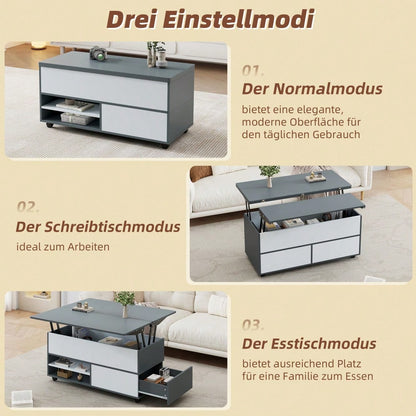 100*98*65cm Couchtisch Höhenverstellbarer Kaffeetisch mit Verstecktem Stauraum und Ablage, Wohnzimmertisch mit Rollen und Schubladen, multifunktionaler Esstisch mit großem Stauraum, grau-weiße Spleiße