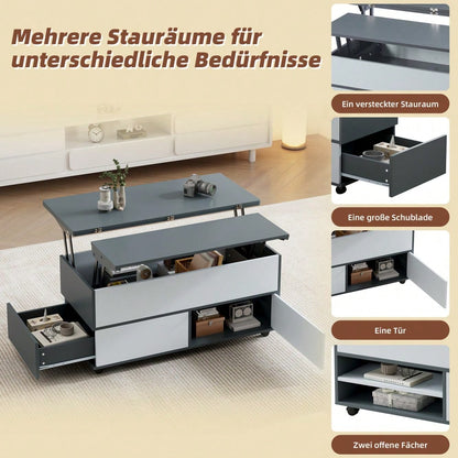 100*98*65cm Couchtisch Höhenverstellbarer Kaffeetisch mit Verstecktem Stauraum und Ablage, Wohnzimmertisch mit Rollen und Schubladen, multifunktionaler Esstisch mit großem Stauraum, grau-weiße Spleiße