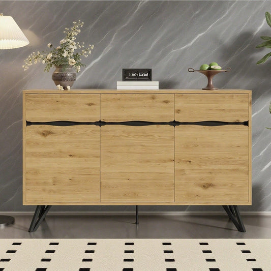 3-Türiges Sideboard in Holzoptik mit Metallbeinen – Modernes Design, Viel Stauraum, Stabil & Pflegeleicht – Für Wohnzimmer, Esszimmer, Flur geeignet