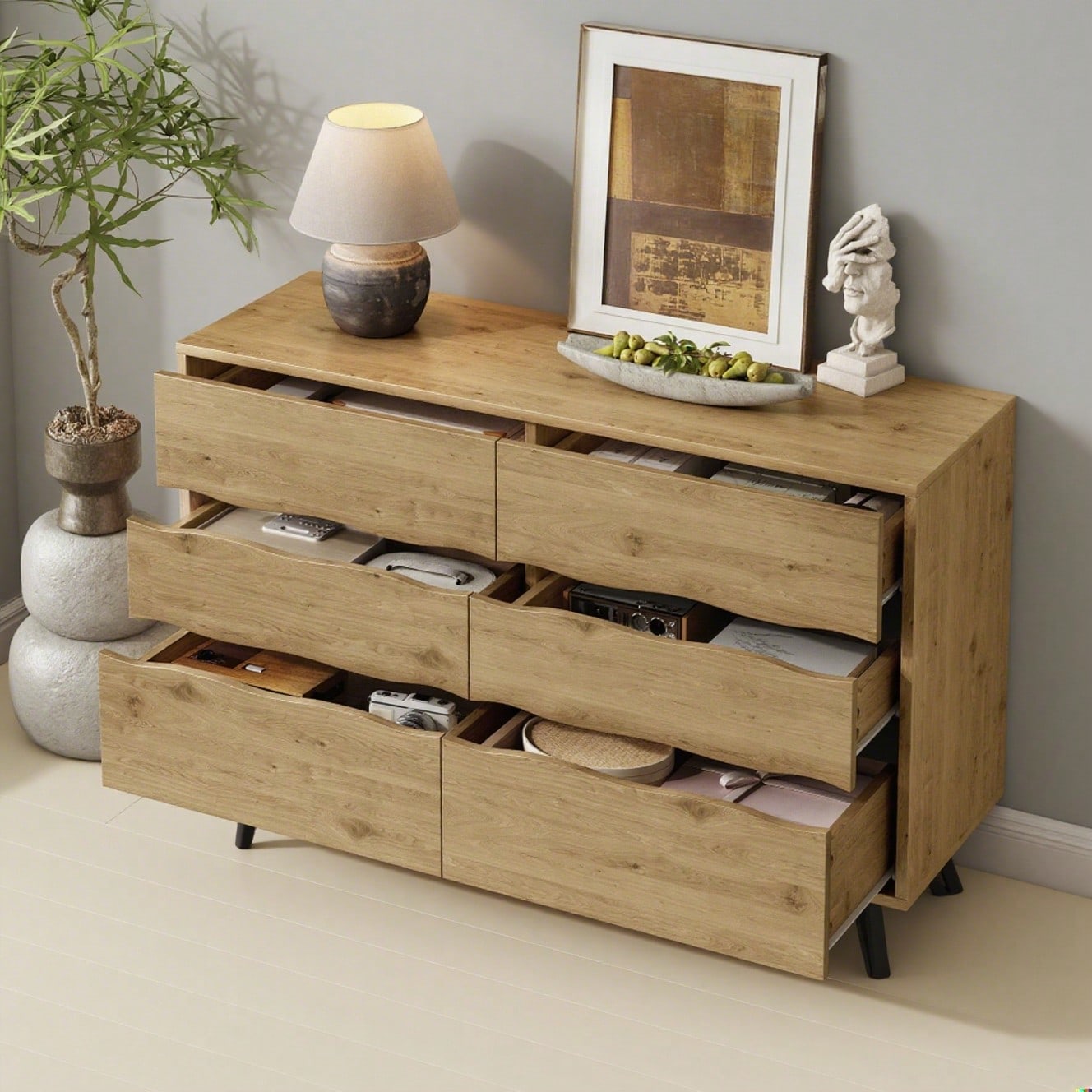 Moderner Sideboard-Schrank mit 6 Schubladen – Holzoptik, Metallfüße, Viel Stauraum, Minimalistisches Design, Für Wohnzimmer & Esszimmer – 120x40x75,5 cm