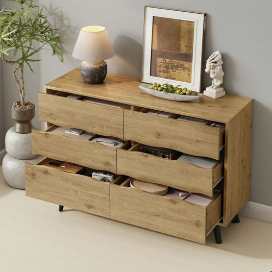 Moderner Sideboard-Schrank mit 6 Schubladen – Holzoptik, Metallfüße, Viel Stauraum, Minimalistisches Design, Für Wohnzimmer & Esszimmer – 120x40x75,5 cm