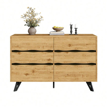 Moderner Sideboard-Schrank mit 6 Schubladen – Holzoptik, Metallfüße, Viel Stauraum, Minimalistisches Design, Für Wohnzimmer & Esszimmer – 120x40x75,5 cm