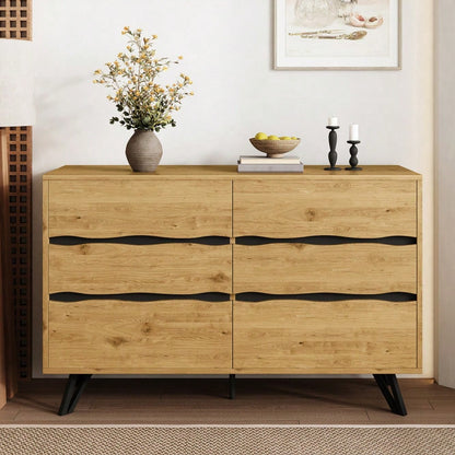 Moderner Sideboard-Schrank mit 6 Schubladen – Holzoptik, Metallfüße, Viel Stauraum, Minimalistisches Design, Für Wohnzimmer & Esszimmer – 120x40x75,5 cm