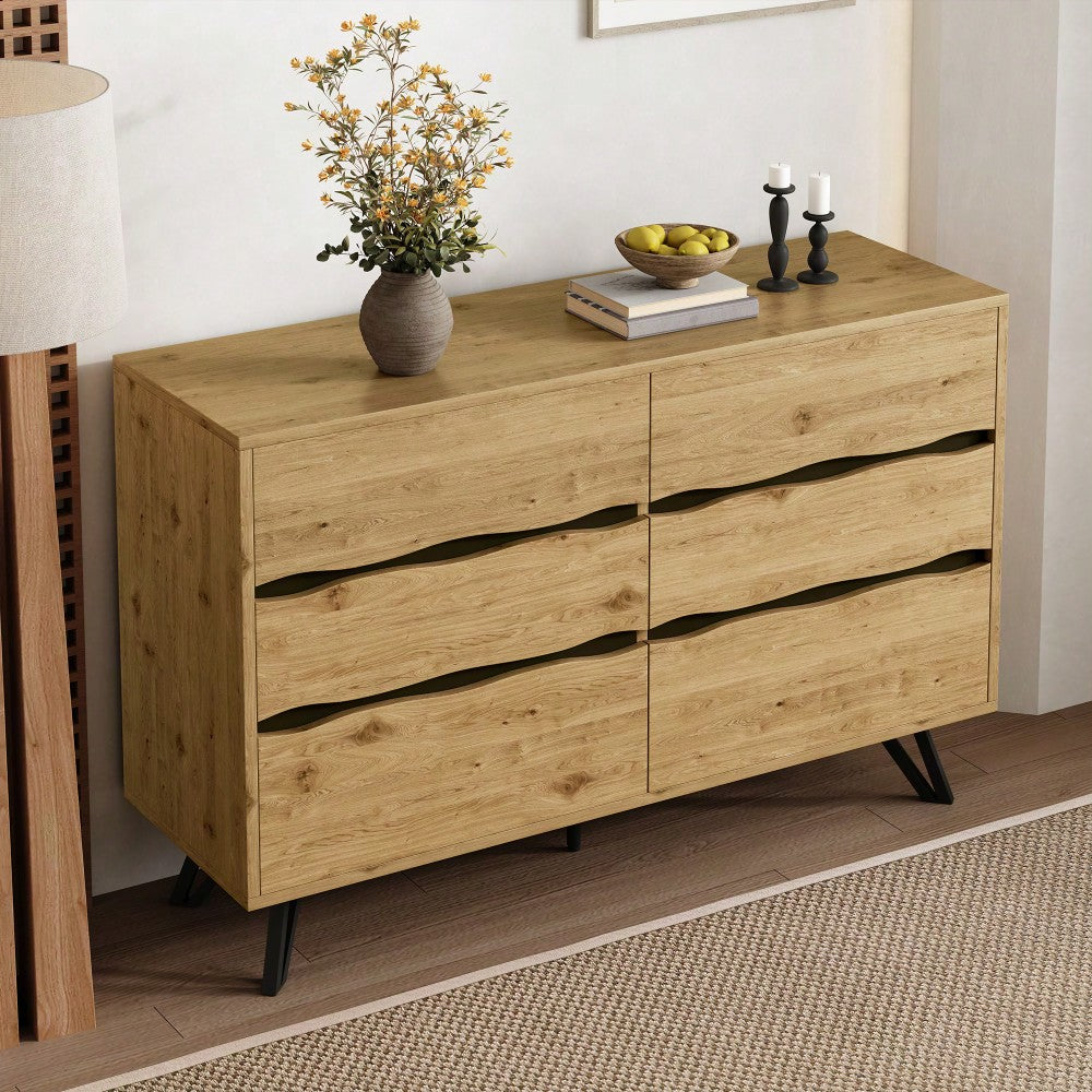 Moderner Sideboard-Schrank mit 6 Schubladen – Holzoptik, Metallfüße, Viel Stauraum, Minimalistisches Design, Für Wohnzimmer & Esszimmer – 120x40x75,5 cm