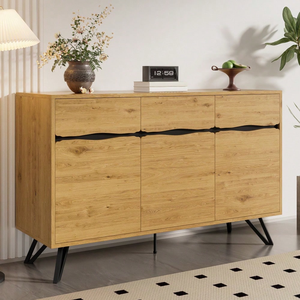 3-Türiges Sideboard in Holzoptik mit Metallbeinen – Modernes Design, Viel Stauraum, Stabil & Pflegeleicht – Für Wohnzimmer, Esszimmer, Flur geeignet