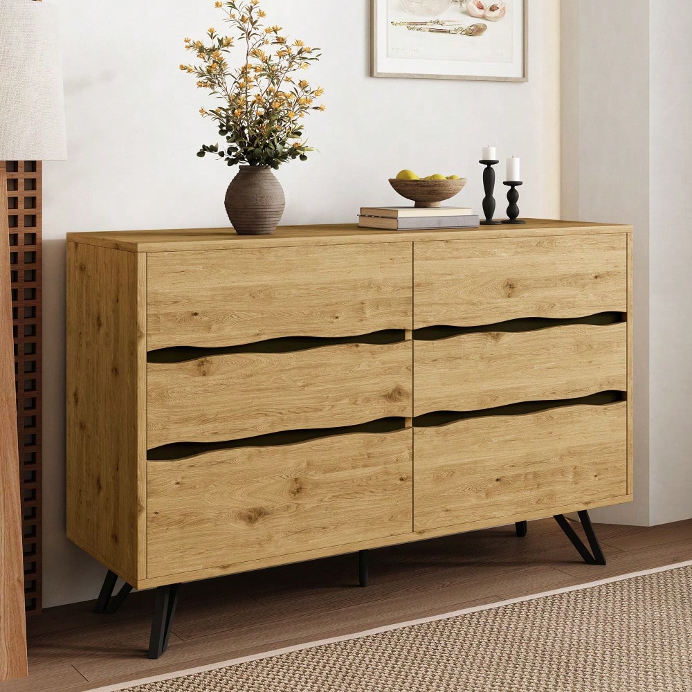 Moderner Sideboard-Schrank mit 6 Schubladen – Holzoptik, Metallfüße, Viel Stauraum, Minimalistisches Design, Für Wohnzimmer & Esszimmer – 120x40x75,5 cm