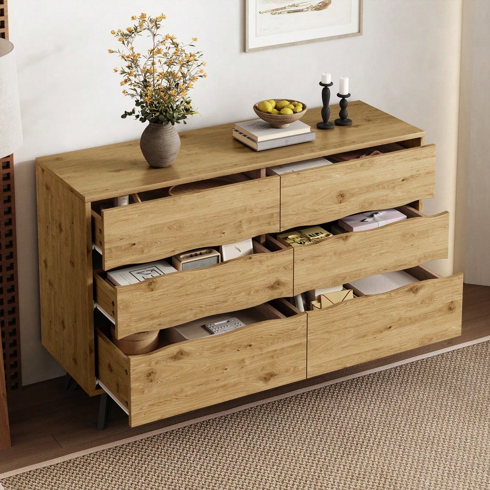 Moderner Sideboard-Schrank mit 6 Schubladen – Holzoptik, Metallfüße, Viel Stauraum, Minimalistisches Design, Für Wohnzimmer & Esszimmer – 120x40x75,5 cm