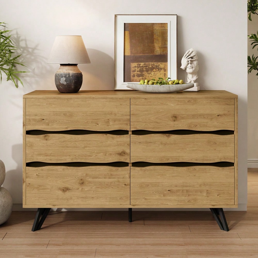 Moderner Sideboard-Schrank mit 6 Schubladen – Holzoptik, Metallfüße, Viel Stauraum, Minimalistisches Design, Für Wohnzimmer & Esszimmer – 120x40x75,5 cm