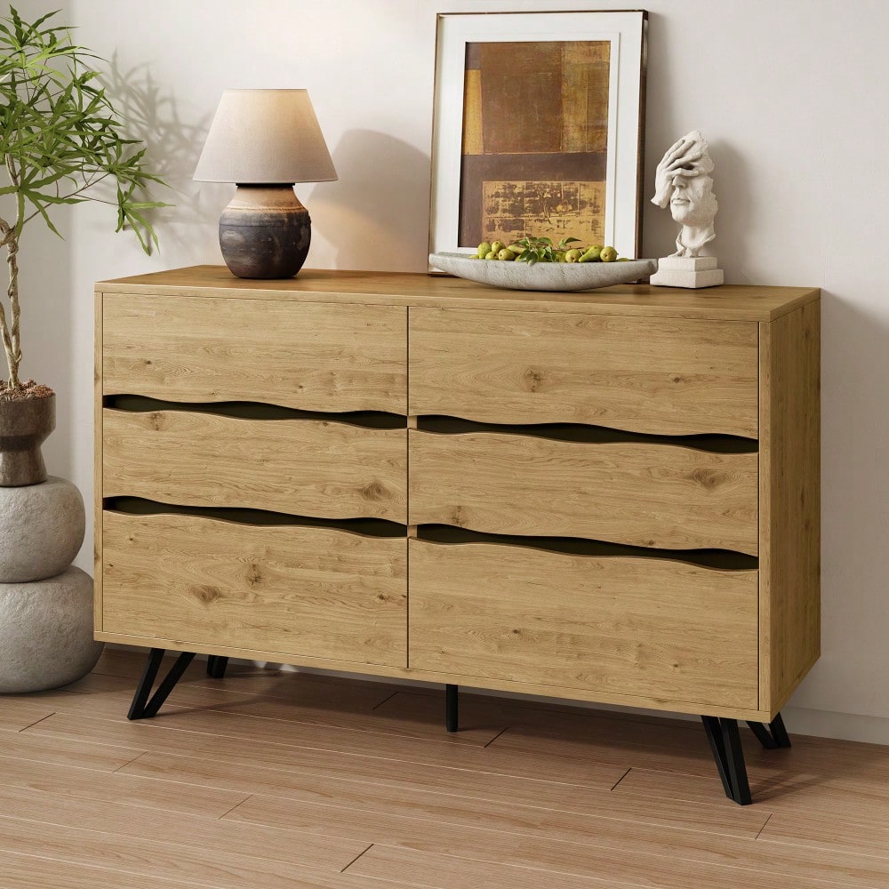 Moderner Sideboard-Schrank mit 6 Schubladen – Holzoptik, Metallfüße, Viel Stauraum, Minimalistisches Design, Für Wohnzimmer & Esszimmer – 120x40x75,5 cm