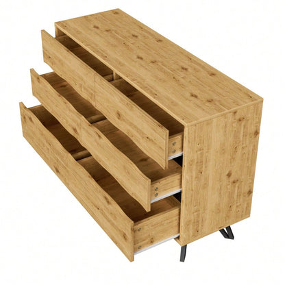 Moderner Sideboard-Schrank mit 6 Schubladen – Holzoptik, Metallfüße, Viel Stauraum, Minimalistisches Design, Für Wohnzimmer & Esszimmer – 120x40x75,5 cm