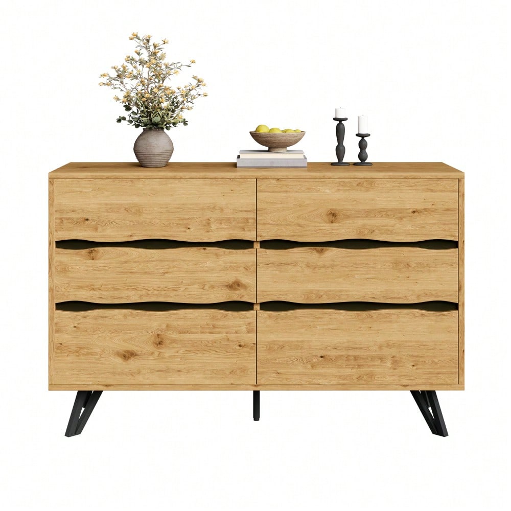 Moderner Sideboard-Schrank mit 6 Schubladen – Holzoptik, Metallfüße, Viel Stauraum, Minimalistisches Design, Für Wohnzimmer & Esszimmer – 120x40x75,5 cm