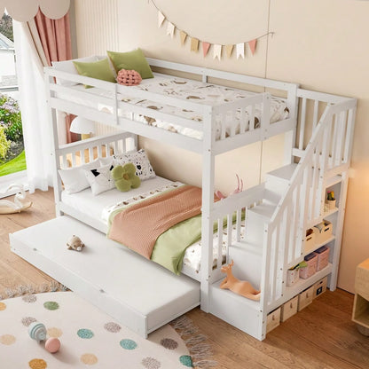 =(WX000819AAK) 90*200cm Etagenbett, Treppenregal, ausgestattet mit ausziehbares Rollbett, hohe Geländer, EN747-1 zertifiziert, weiß