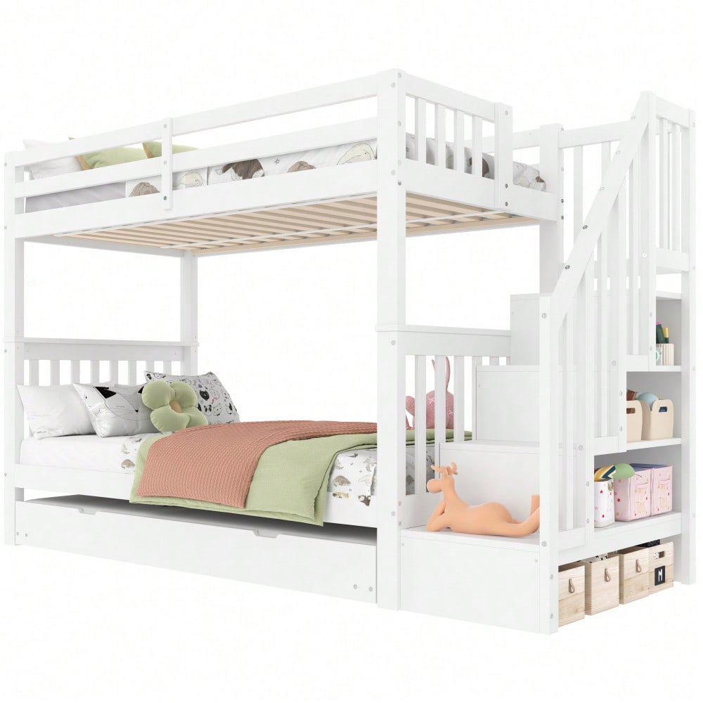 =(WX000819AAK) 90*200cm Etagenbett, Treppenregal, ausgestattet mit ausziehbares Rollbett, hohe Geländer, EN747-1 zertifiziert, weiß