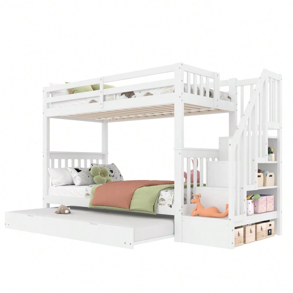 =(WX000819AAK) 90*200cm Etagenbett, Treppenregal, ausgestattet mit ausziehbares Rollbett, hohe Geländer, EN747-1 zertifiziert, weiß