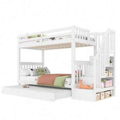 =(WX000819AAK) 90*200cm Etagenbett, Treppenregal, ausgestattet mit ausziehbares Rollbett, hohe Geländer, EN747-1 zertifiziert, weiß