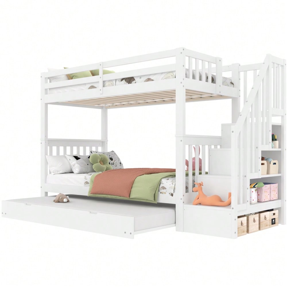 =(WX000819AAK) 90*200cm Etagenbett, Treppenregal, ausgestattet mit ausziehbares Rollbett, hohe Geländer, EN747-1 zertifiziert, weiß