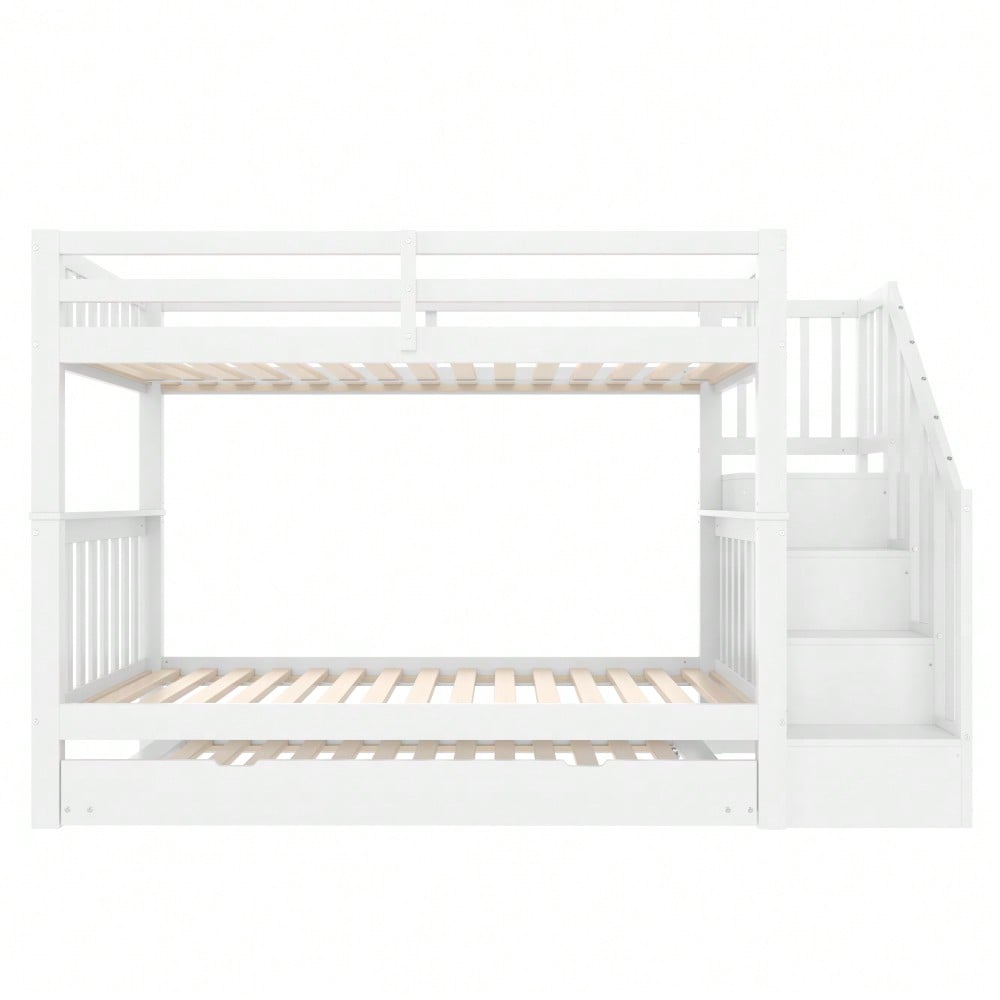 =(WX000819AAK) 90*200cm Etagenbett, Treppenregal, ausgestattet mit ausziehbares Rollbett, hohe Geländer, EN747-1 zertifiziert, weiß