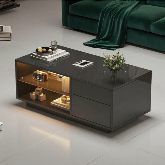 Höhenverstellbarer Couchtisch, Wohnzimmertisch mit LED, Hochglanz-Couchtisch mit 1 Schublade, Sofatisch mit Trennwand aus gehärtetem Glas und verstecktem Stauraum, kann als Esstisch verwendet werden