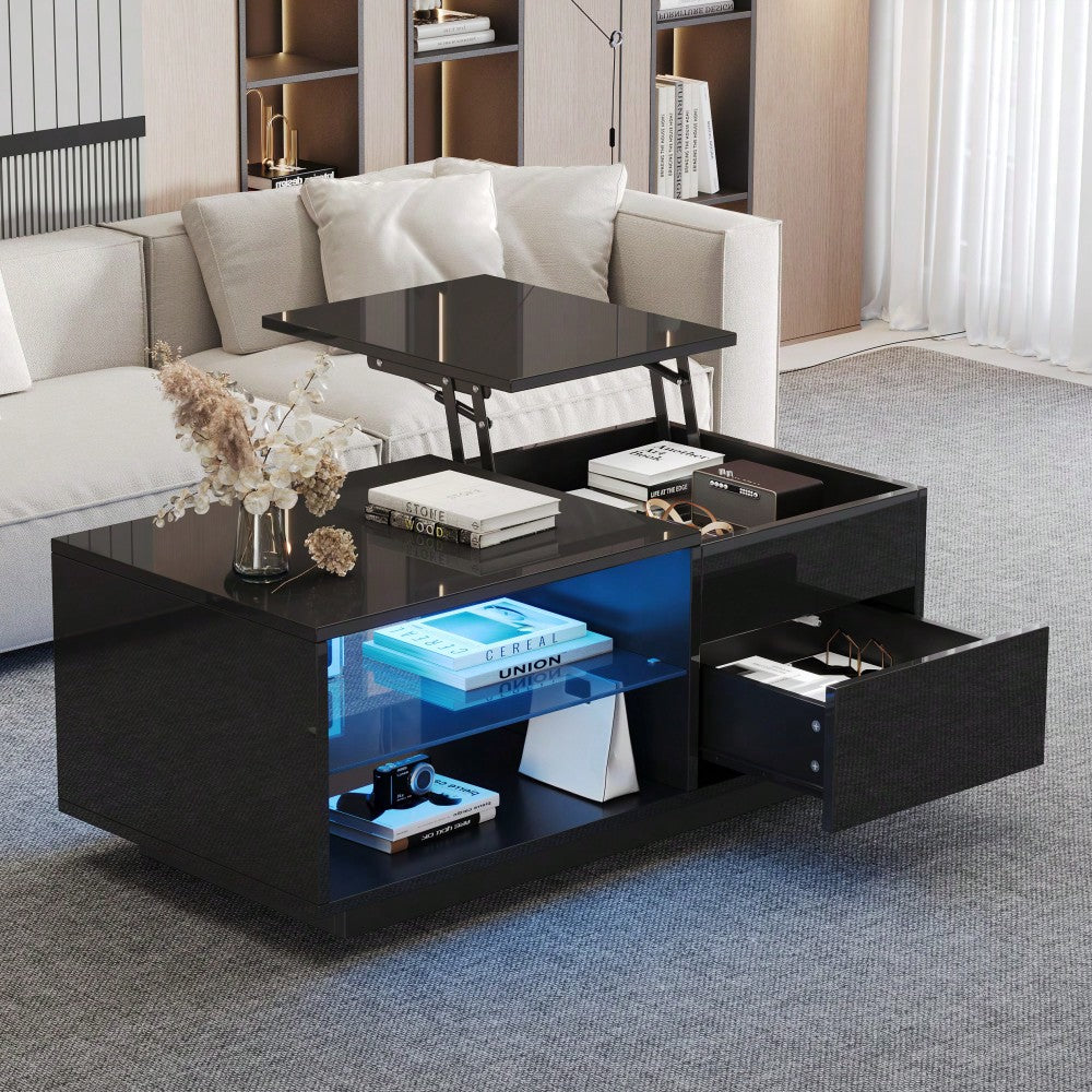 Höhenverstellbarer Couchtisch, Wohnzimmertisch mit LED, Hochglanz-Couchtisch mit 1 Schublade, Sofatisch mit Trennwand aus gehärtetem Glas und verstecktem Stauraum, kann als Esstisch verwendet werden