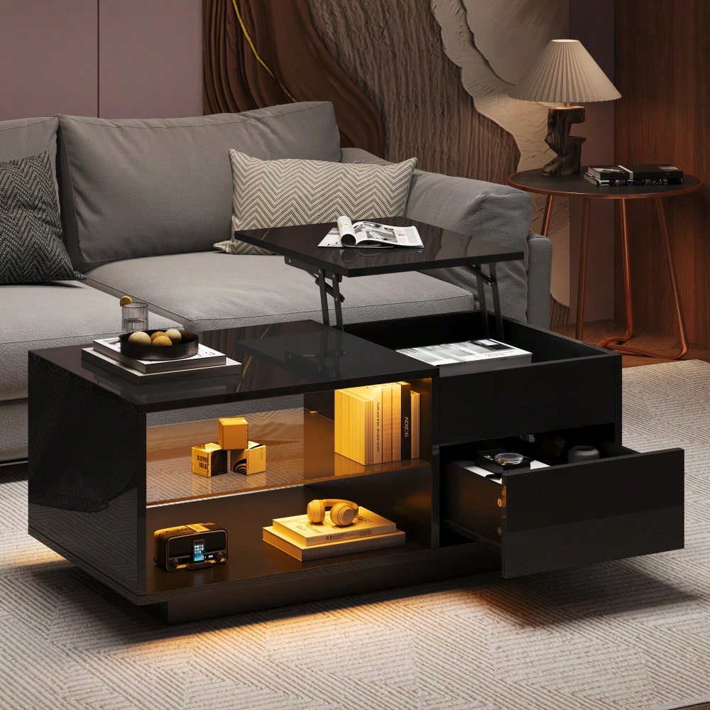Höhenverstellbarer Couchtisch, Wohnzimmertisch mit LED, Hochglanz-Couchtisch mit 1 Schublade, Sofatisch mit Trennwand aus gehärtetem Glas und verstecktem Stauraum, kann als Esstisch verwendet werden